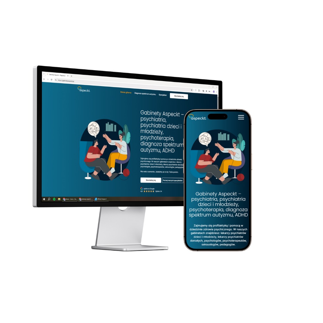 Responsywna strona gabinetów Aspeckt na monitorze i smartfonie. Nowoczesny design, stonowana kolorystyka, czytelny układ treści. Widok strony głównej.