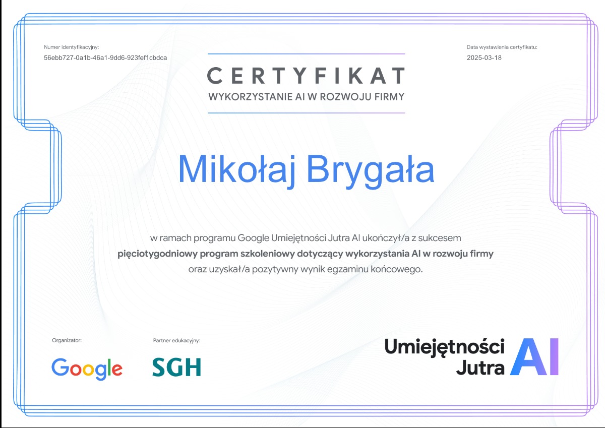 Wykorzystanie AI w Rozwoju Firmy - kurs Google i Szkoła Główna Handlowa w Warszawie