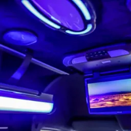 Wnętrze luksusowego pojazdu z oświetleniem LED i ekranem odtwarzającym krajobraz. Komfortowa podróż z rozrywką dla pasażerów.