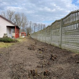 Alpin Drwal - Ogród po wycince krzewów, widoczne pnie przy betonowym ogrodzeniu. W tle dom z czerwonymi elementami i pochmurne niebo.