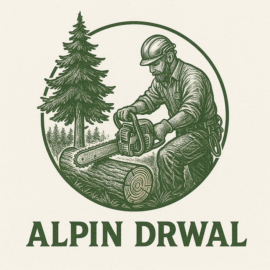 Grafika: drwal w kasku tnie piłą spalinową kłodę, obok świerk, całość w okręgu z nazwą 'ALPIN DRWAL'. Ilustracja w stylu vintage, z dbałością o szczegóły.
