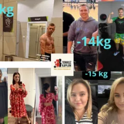Kolaż zdjęć 'przed i po' odchudzania z informacją o utracie wagi, logo trenera personalnego Tomasza Kapłuna. Prezentacja efektów treningów i diety.