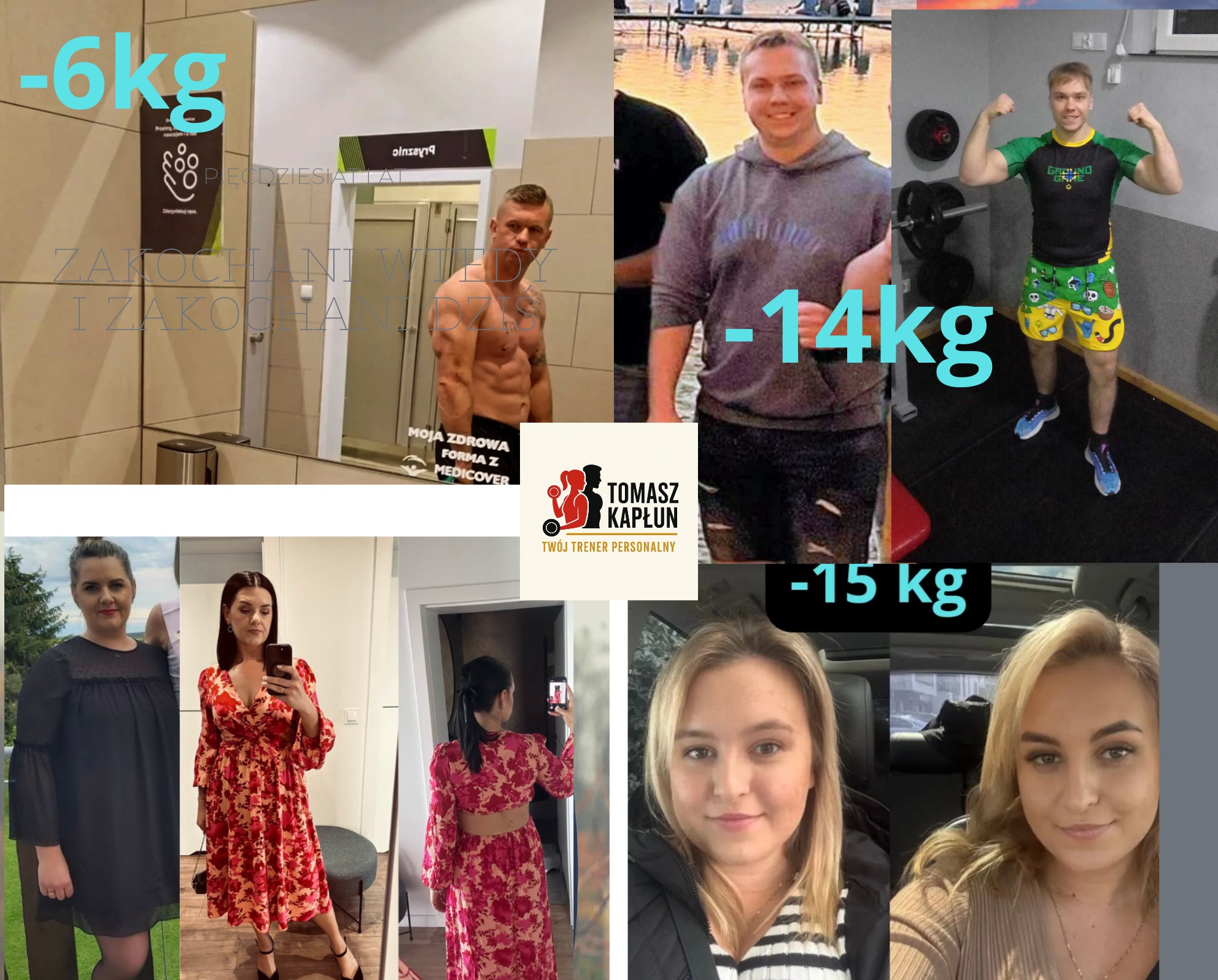 Kolaż zdjęć 'przed i po' odchudzania z informacją o utracie wagi, logo trenera personalnego Tomasza Kapłuna. Prezentacja efektów treningów i diety.