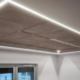 Oświetlenie LED zamontowane w suficie podwieszanym, widoczne kable. Narożnik pokoju z oknem. Surowy beton na suficie.