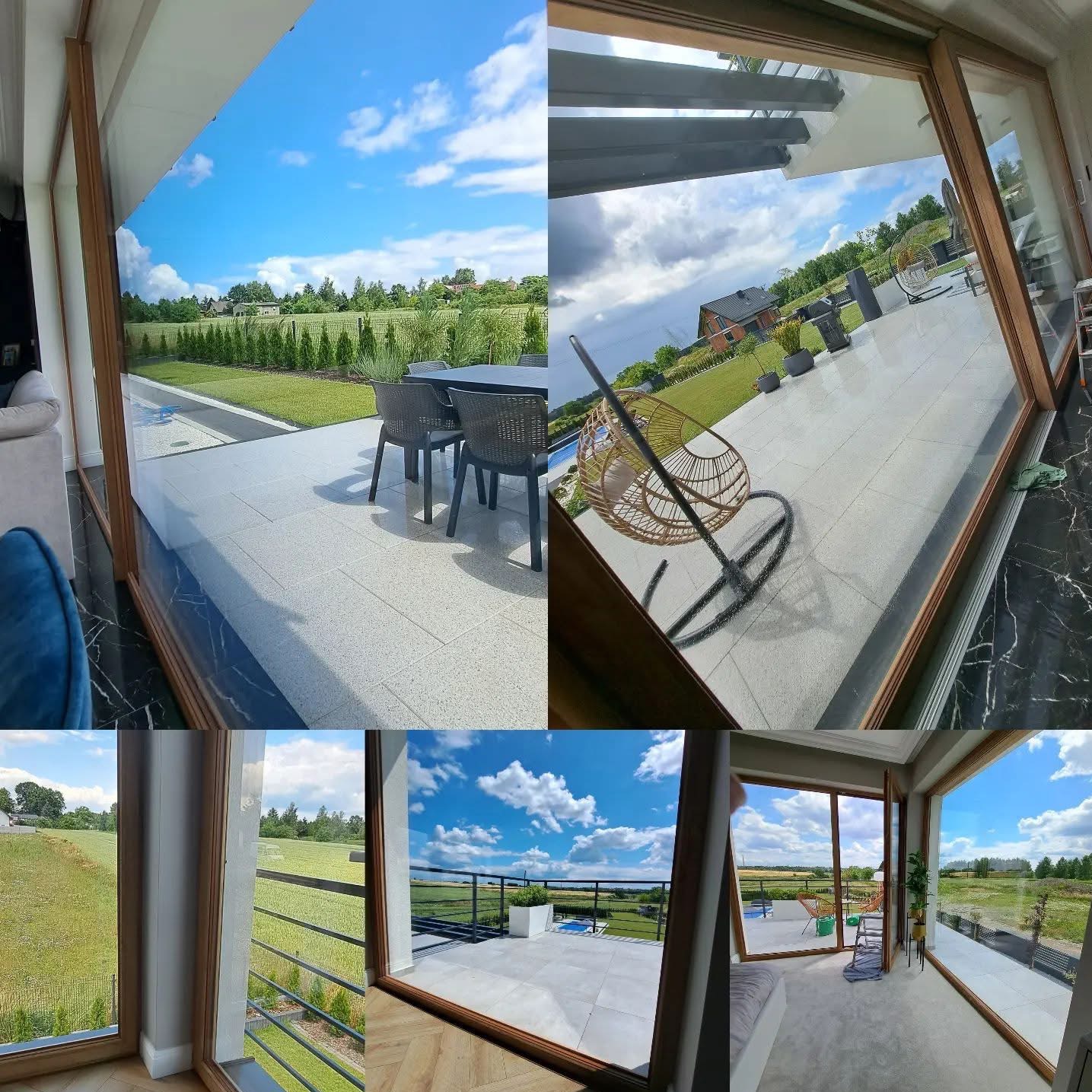 Panoramiczne okna w domu z widokiem na ogród, prezentujące czyste szyby i nowoczesny design. Widok na zewnątrz podkreśla jakość mycia.