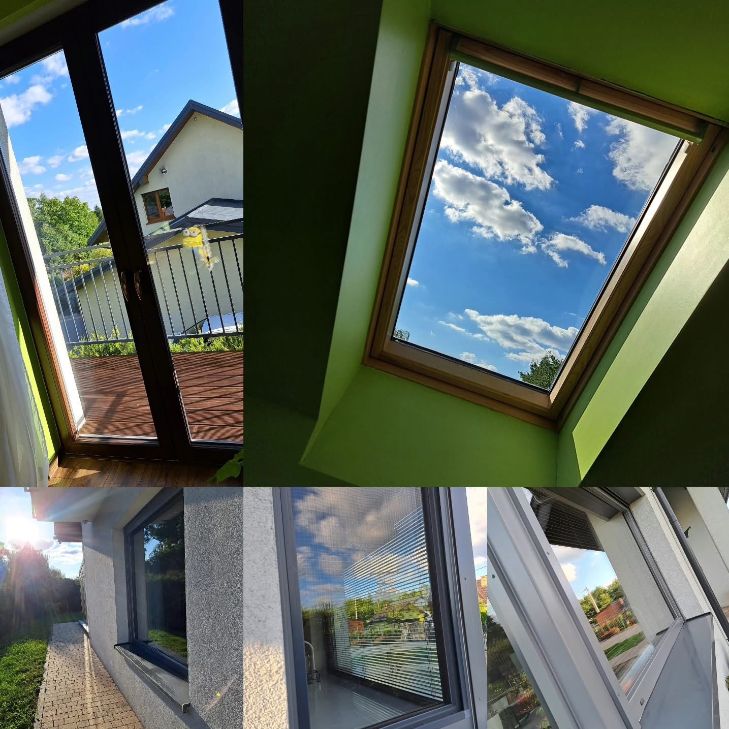 Kolaż z okien: balkonowe z widokiem na dom i zieleń, dachowe z błękitnym niebem, elewacyjne z kostką brukową i roletami, ukazujące różnorodność przeszkleń.