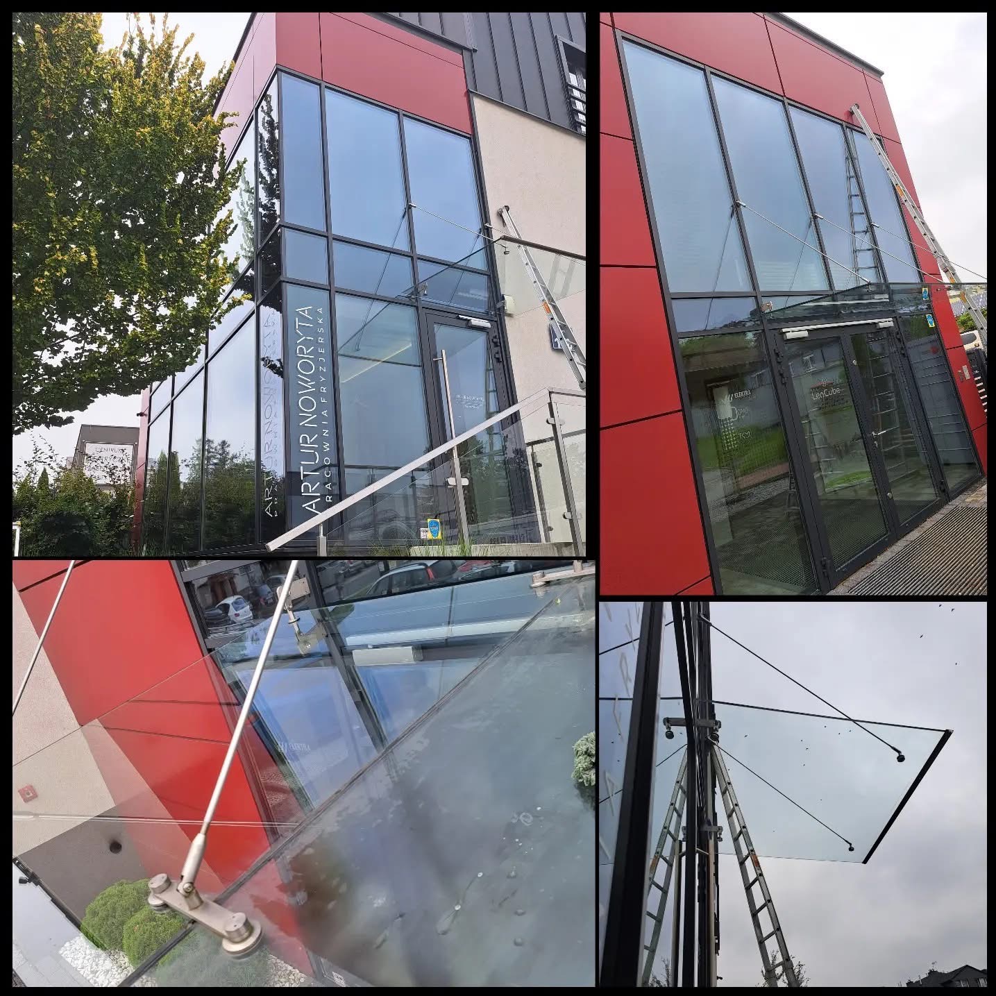 Czyszczenie szklanej fasady budynku z użyciem drabiny i specjalistycznego sprzętu. Widoczne ślady wody i piany na powierzchni szyb. Ujęcie z bliska na detale czyszczenia.