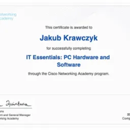 Certyfikat ukończenia kursu IT Essentials: PC Hardware and Software przez Jakuba Krawczyka, wydany przez Cisco Networking Academy, z datą 23 maja 2019.