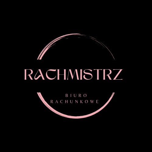 Eleganckie logo w odcieniach różu na czarnym tle: 'RACHMISTRZ Biuro Rachunkowe', otoczone stylizowanym okręgiem z pociągnięć pędzla, nowoczesny design.