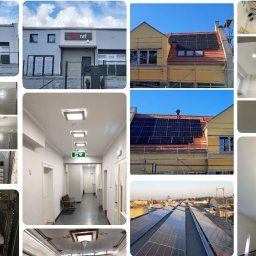 ELRAF Rafał Runo - Zestaw zdjęć: budynek z logiem, panele słoneczne na dachu, rozdzielnia elektryczna, oświetlenie w różnych pomieszczeniach i serwerownia z okablowaniem.