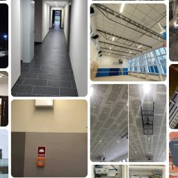 ELRAF Rafał Runo - Mozaika zdjęć: oświetlony zabytek nocą, korytarz z szarą podłogą, hala sportowa, chodnik z oświetleniem, budynek z góry, sufit w trakcie montażu, budynek i ładowarka do samochodów.