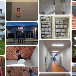 ELRAF Rafał Runo - Mozaika zdjęć: budynek, rozdzielnia elektryczna, kable w ziemi, oświetlenie sufitowe, ładowarka EV, lampa na ceglanym suficie, logo firmy ELRAF.
