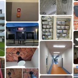 Mozaika zdjęć: budynek, rozdzielnia elektryczna, kable w ziemi, oświetlenie sufitowe, ładowarka EV, lampa na ceglanym suficie, logo firmy ELRAF.