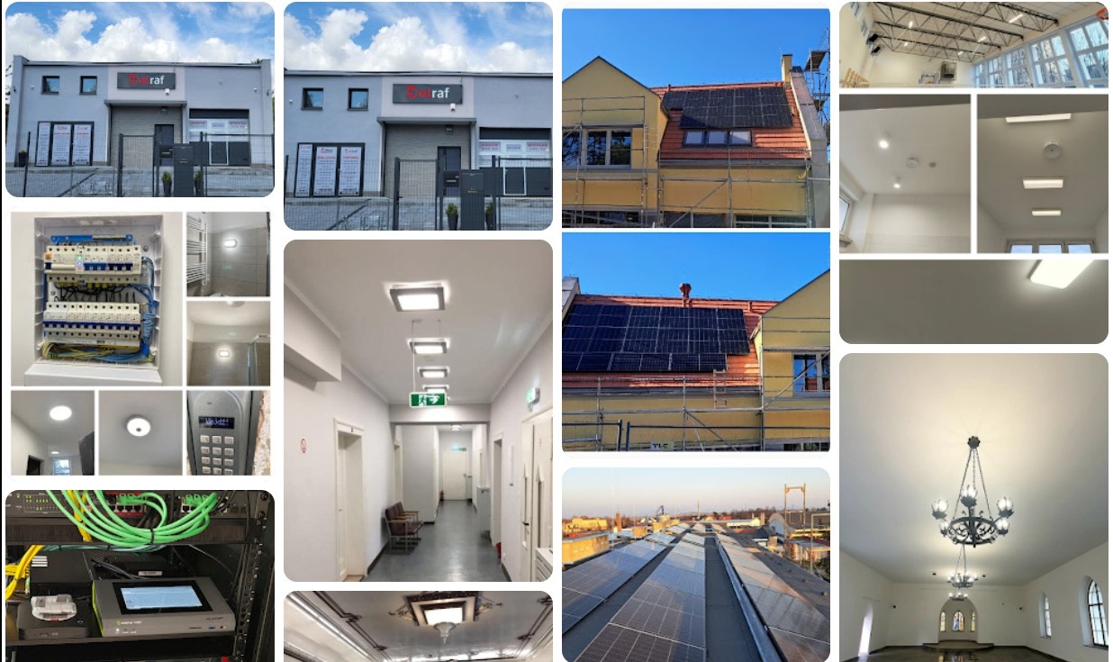 Zestaw zdjęć: budynek z logiem, panele słoneczne na dachu, rozdzielnia elektryczna, oświetlenie w różnych pomieszczeniach i serwerownia z okablowaniem.