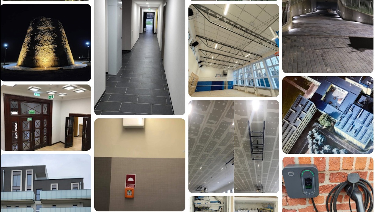 Mozaika zdjęć: oświetlony zabytek nocą, korytarz z szarą podłogą, hala sportowa, chodnik z oświetleniem, budynek z góry, sufit w trakcie montażu, budynek i ładowarka do samochodów.
