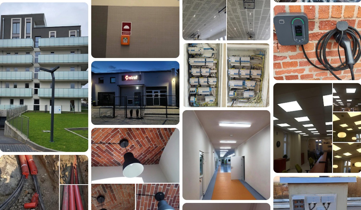 Mozaika zdjęć: budynek, rozdzielnia elektryczna, kable w ziemi, oświetlenie sufitowe, ładowarka EV, lampa na ceglanym suficie, logo firmy ELRAF.