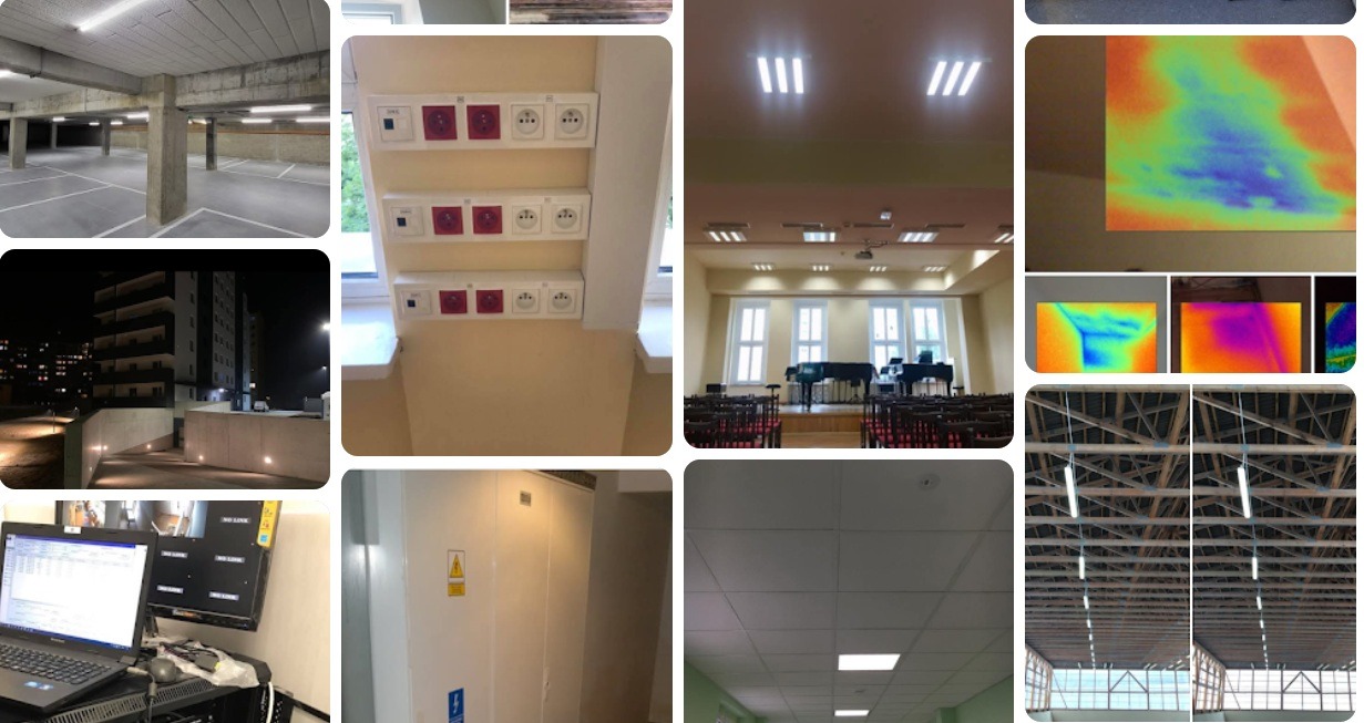 Zestawienie zdjęć: gniazdka elektryczne z czerwonymi wstawkami, termowizja, oświetlenie hali, parking podziemny, budynek nocą, sala koncertowa, serwerownia.