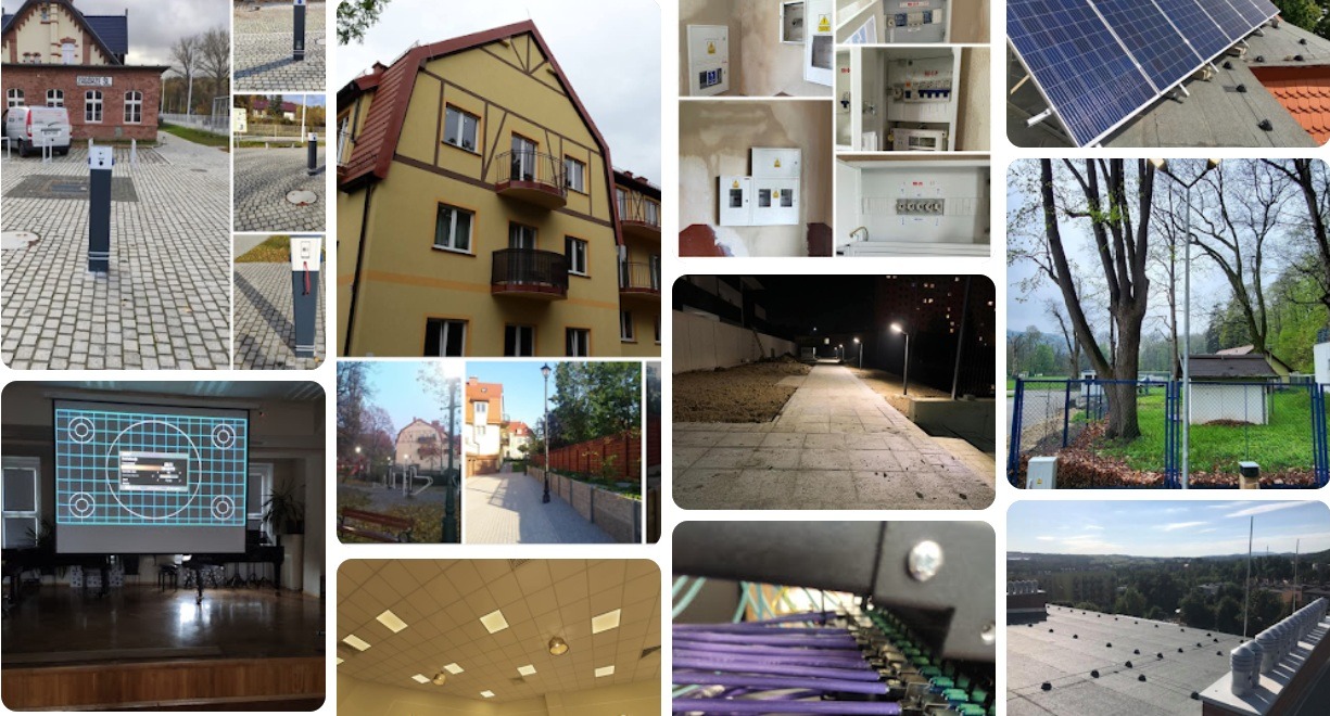 Mozaika zdjęć: instalacje elektryczne zewnętrzne i wewnętrzne, rozdzielnice, panele słoneczne, oświetlenie uliczne, pomiary elektryczne, kable. Różne ujęcia i perspektywy.
