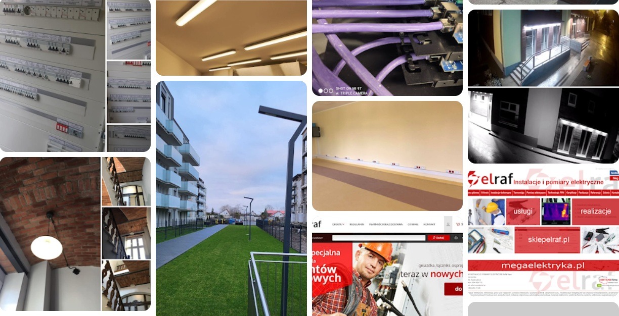Mozaika zdjęć: instalacje elektryczne, oświetlenie LED, kable, budynek z balkonami i reklama firmy Elraf z instalatorem w kasku. Różne realizacje i projekty.