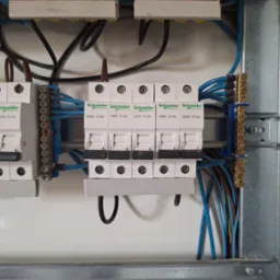 Rozdzielnia elektryczna w szarej obudowie z widocznymi bezpiecznikami Schneider Electric i niebieskimi przewodami. Widok z bliska, oświetlenie dzienne.