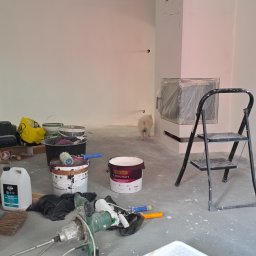 Adam Remontuje - Pokój w trakcie malowania: drabina, puszki z farbą Magnat Ultra Matt, wałki, kuweta malarska. Na ścianie widoczny kominek z osłoniętym wkładem i pies rasy szpic.