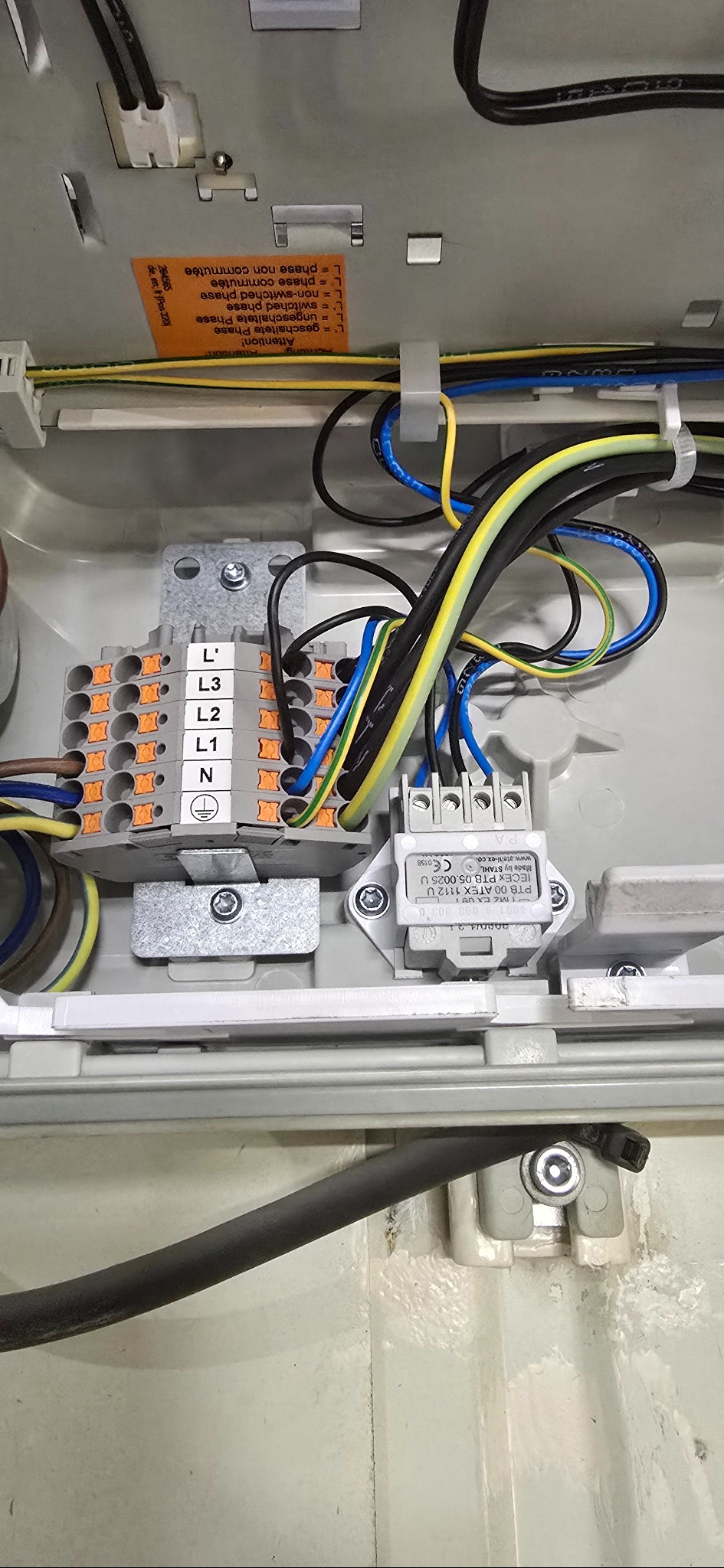 Wnętrze skrzynki elektrycznej z podłączonymi przewodami do listwy zaciskowej. Widoczne oznaczenia faz (L1, L2, L3, N) i uziemienia. Przewody w kolorach: czarny, niebieski, żółto-zielony.