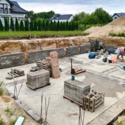 Budowa fundamentów domu jednorodzinnego: częściowo wymurowane ściany z bloczków betonowych, palety z materiałem, pracownik przy pracy, wykop w tle, widok z góry.