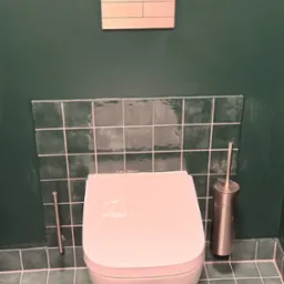 Nowoczesna toaleta podwieszana w łazience z zielonymi płytkami i ukrytą spłuczką. Widoczny uchwyt na papier toaletowy i szczotka do WC.