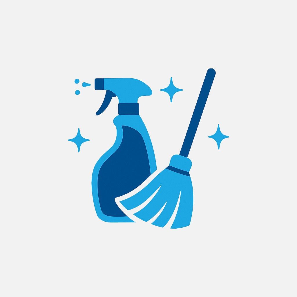 Grafika: niebieski spray czyszczący i miotła na białym tle, otoczone gwiazdkami symbolizującymi czystość i blask.