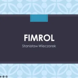 Grafika z nazwą firmy FIMROL i imieniem Stanisław Wieczorek na ciemnym tle w ramce, otoczonym jasnoniebieskim wzorem. Prezentacja firmy.