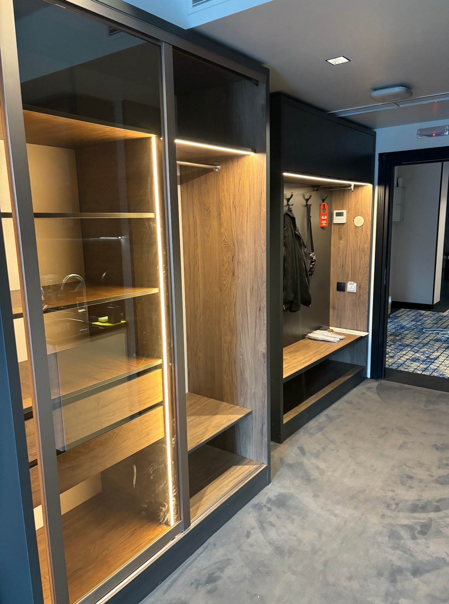 Nowoczesna zabudowa meblowa z oświetleniem LED w szafie wnękowej, widoczna w korytarzu w Poznaniu. Drewno i szkło w minimalistycznym stylu.