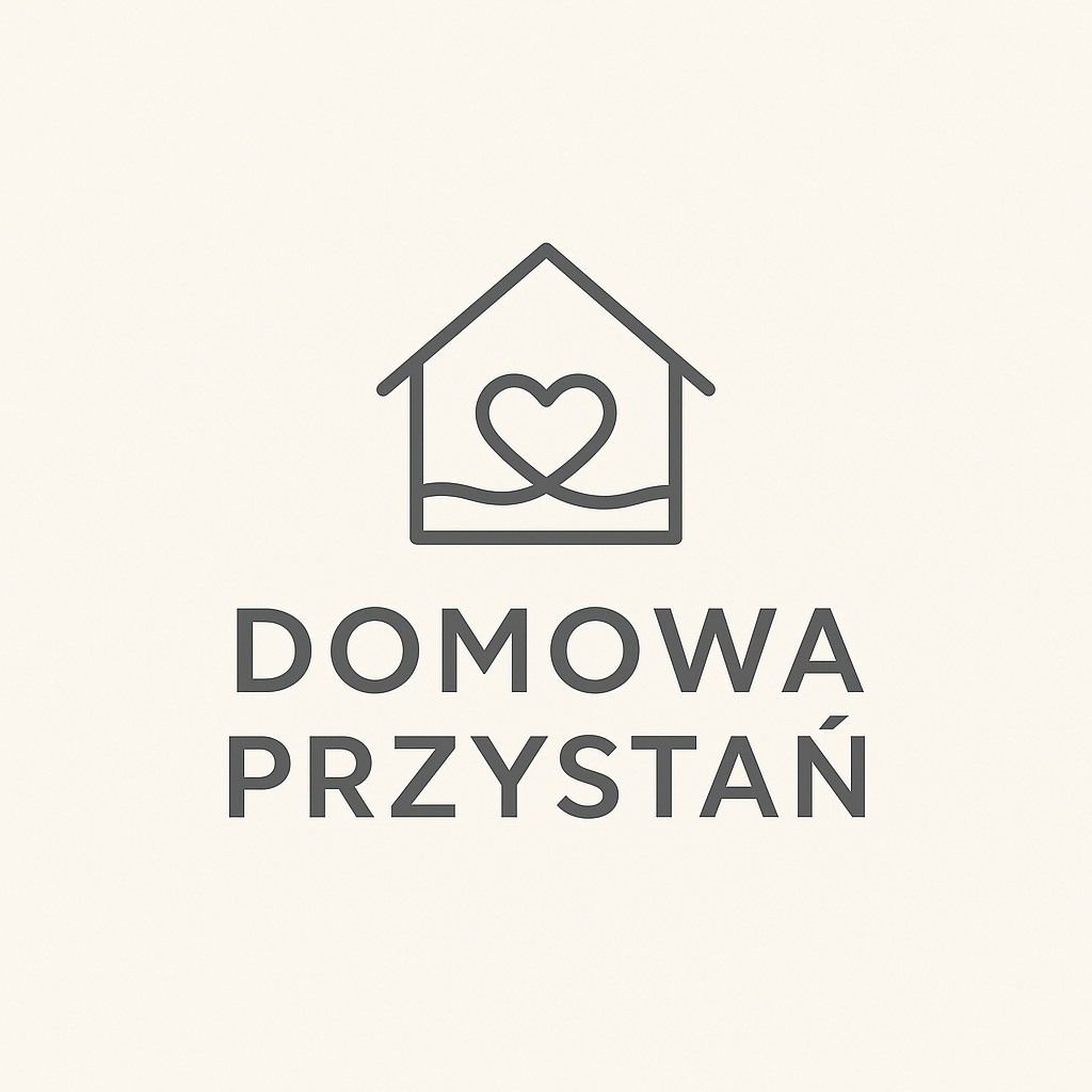 Minimalistyczne logo: kontur domu z sercem, napis 'DOMOWA PRZYSTAŃ' na kremowym tle. Prosty, nowoczesny design.