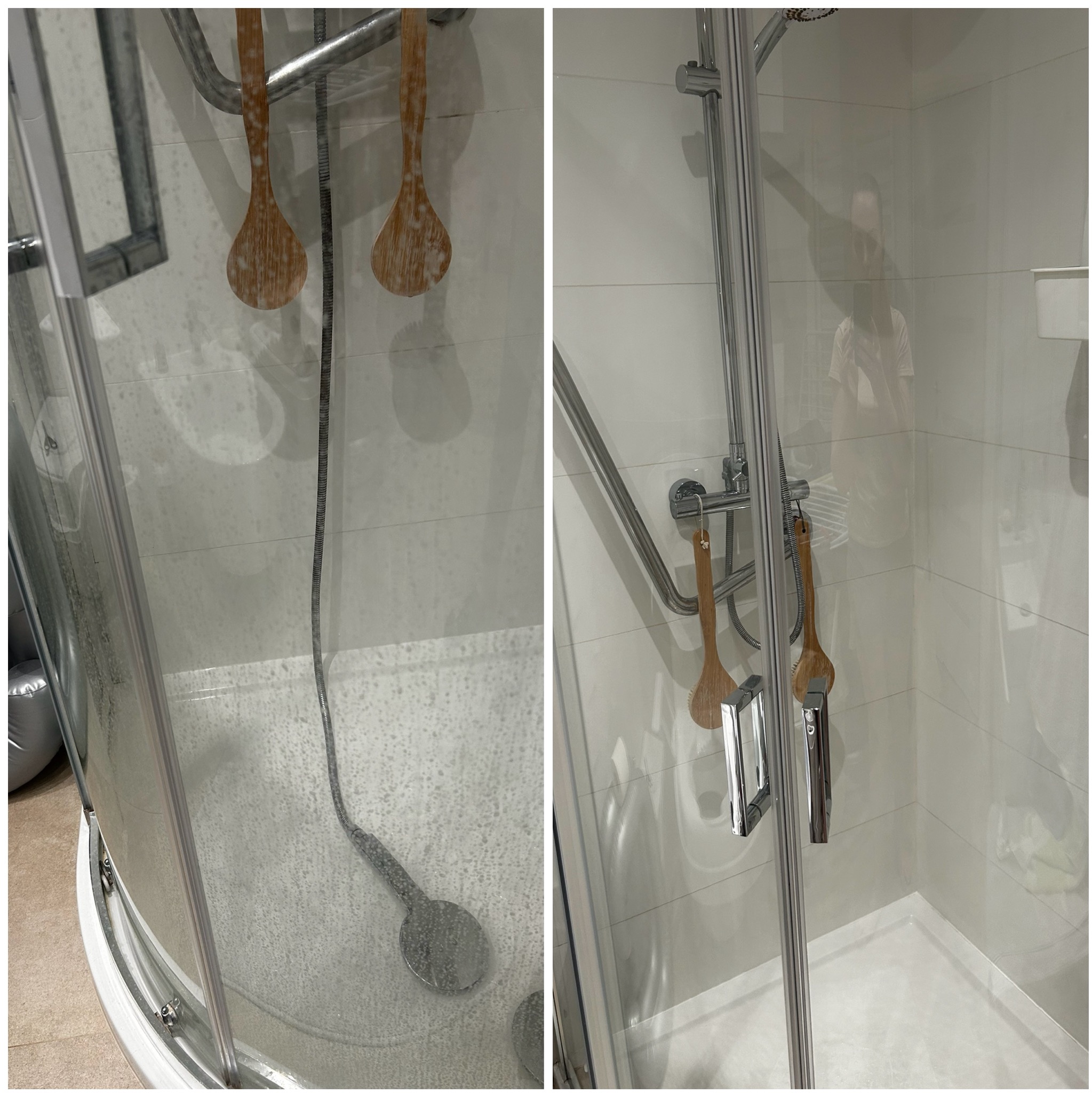 Kabina prysznicowa przed i po czyszczeniu, widoczne osady i lśniąca powierzchnia. Na relingu wiszą drewniane szczotki. W odbiciu widać osobę robiącą zdjęcie.