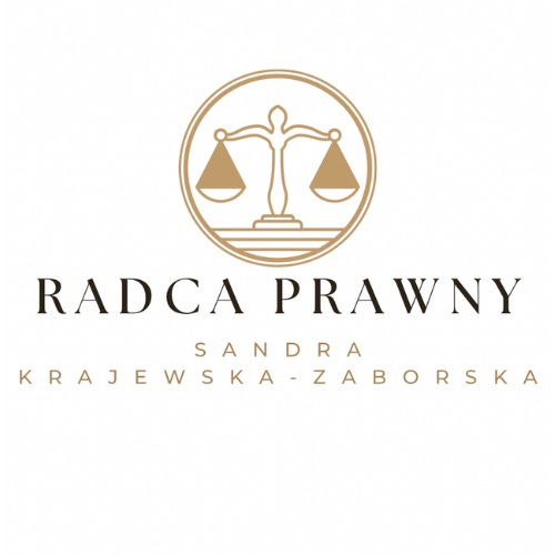 Eleganckie logo kancelarii radcy prawnego: złote wagi Temidy w okręgu, napis 'Radca Prawny' i imię i nazwisko Sandra Krajewska-Zaborska, na białym tle.