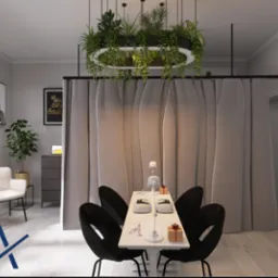 Nowoczesne studio manicure: biały stół z lampami UV, czarne krzesła, dekoracyjne zasłony i wisząca roślina. Stonowana kolorystyka, minimalistyczny wystrój.