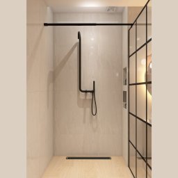 Ale Zarys Aleksandra Onak - Nowoczesna kabina prysznicowa walk-in z czarnymi elementami, jasnymi płytkami i drewnopodobną podłogą. Minimalistyczny design z odpływem liniowym.
