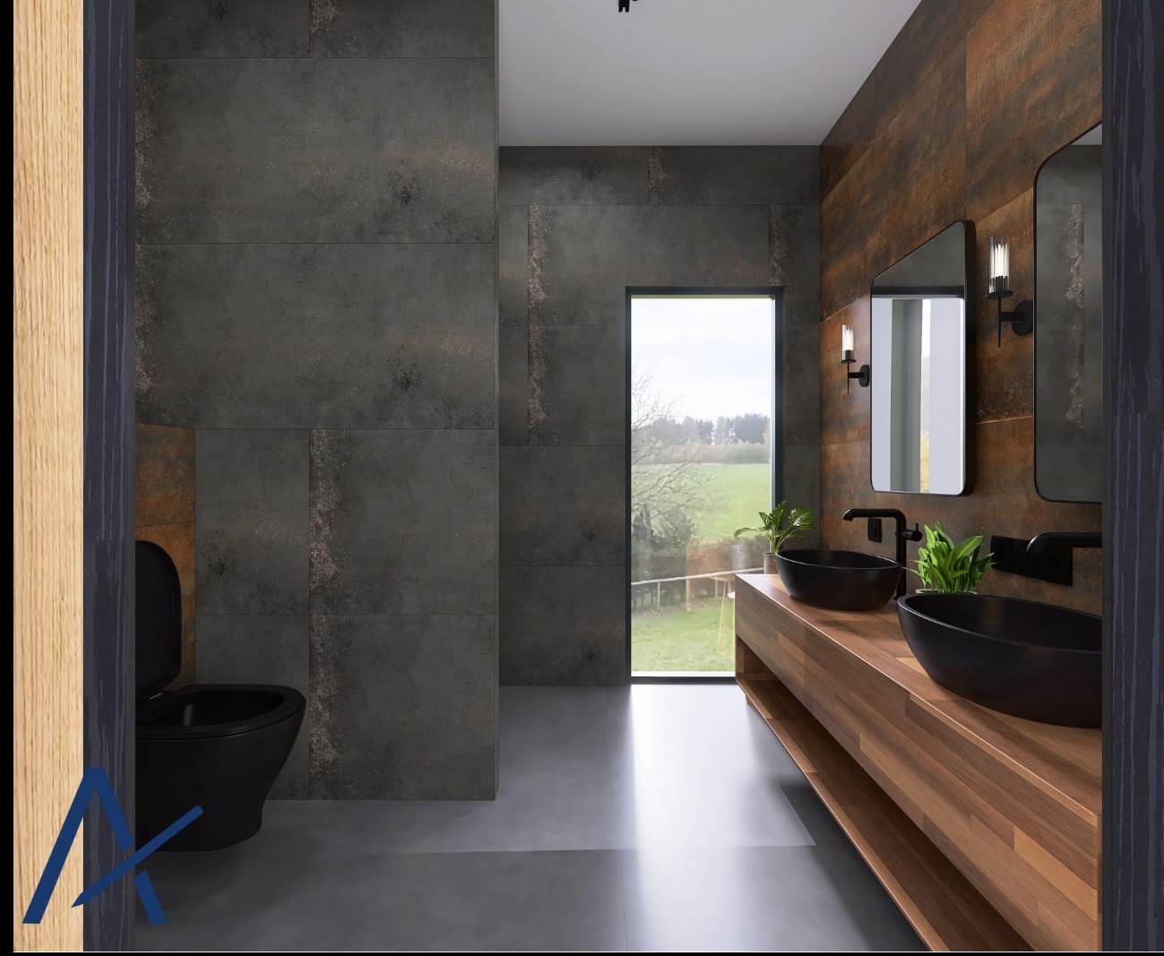 Nowoczesna łazienka z czarną armaturą i umywalkami na drewnianym blacie. Widok na zieleń przez okno. Minimalistyczny design z płytkami imitującymi metal.