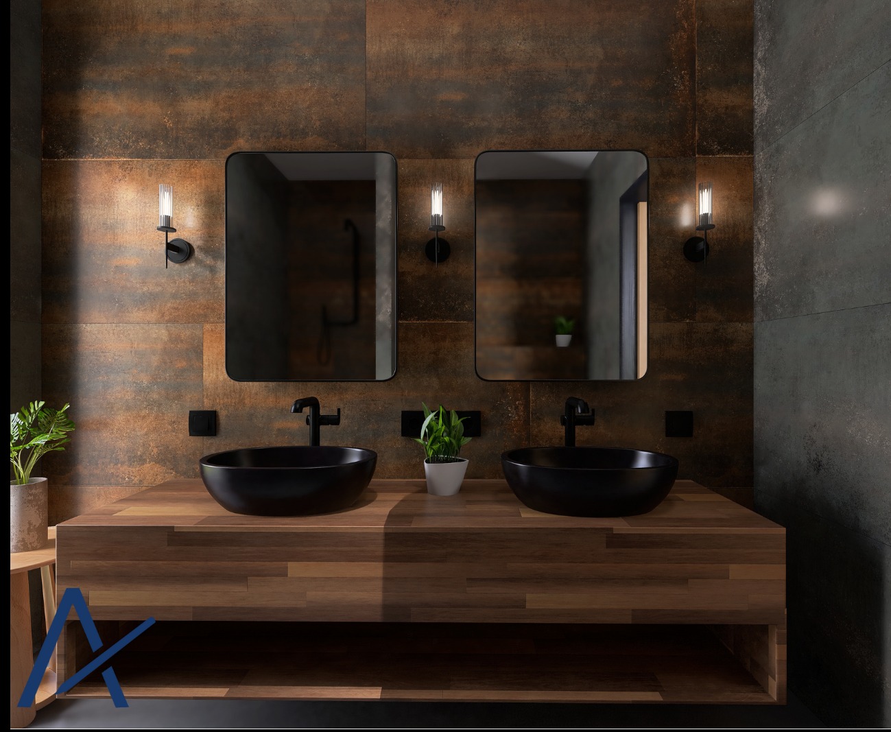 Nowoczesna łazienka z dwoma czarnymi umywalkami na drewnianym blacie, rustykalne płytki ścienne i minimalistyczne oświetlenie. Rośliny doniczkowe dodają świeżości.