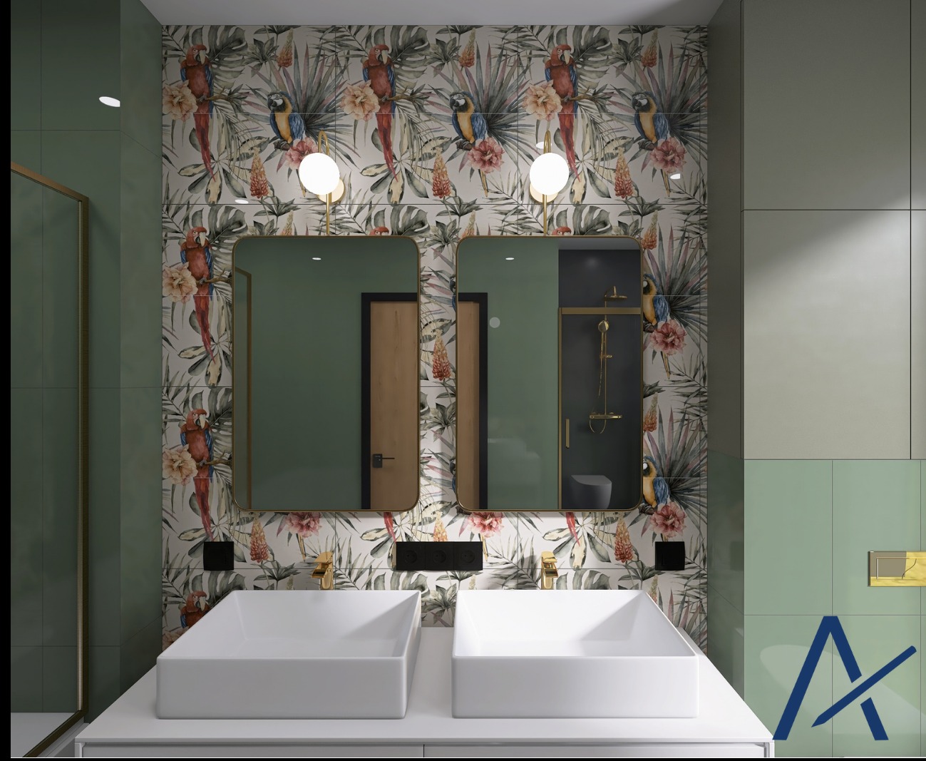 Nowoczesna łazienka z dwoma białymi umywalkami, lustrami w złotej ramie i tapetą w tropikalne motywy z papugami. Oświetlenie punktowe nad lustrami.