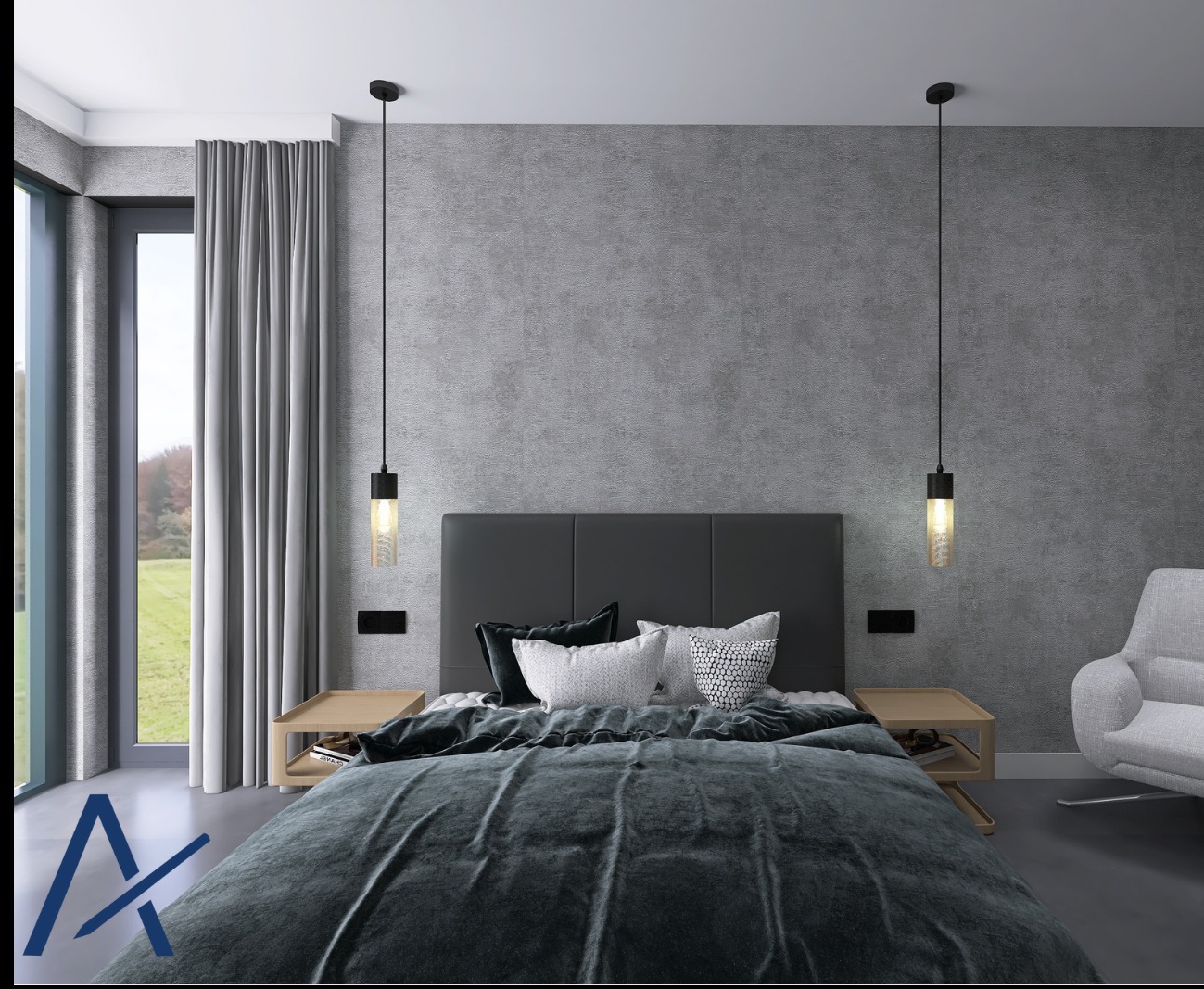 Nowoczesna sypialnia w szarościach: łóżko z ciemnozieloną pościelą, minimalistyczne lampy wiszące, okno z zasłonami, fotel i drewniane szafki nocne.