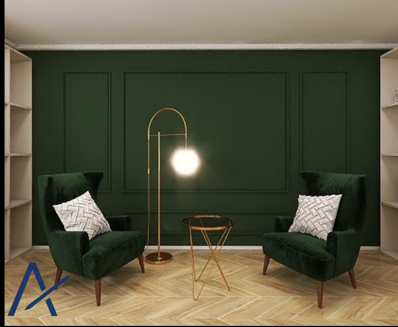 Stylowy salon z dwoma zielonymi fotelami, złotą lampą i stolikiem. Ciemnozielona ściana z dekoracyjnymi panelami. Parkiet w jodełkę. Eleganckie i nowoczesne wnętrze.