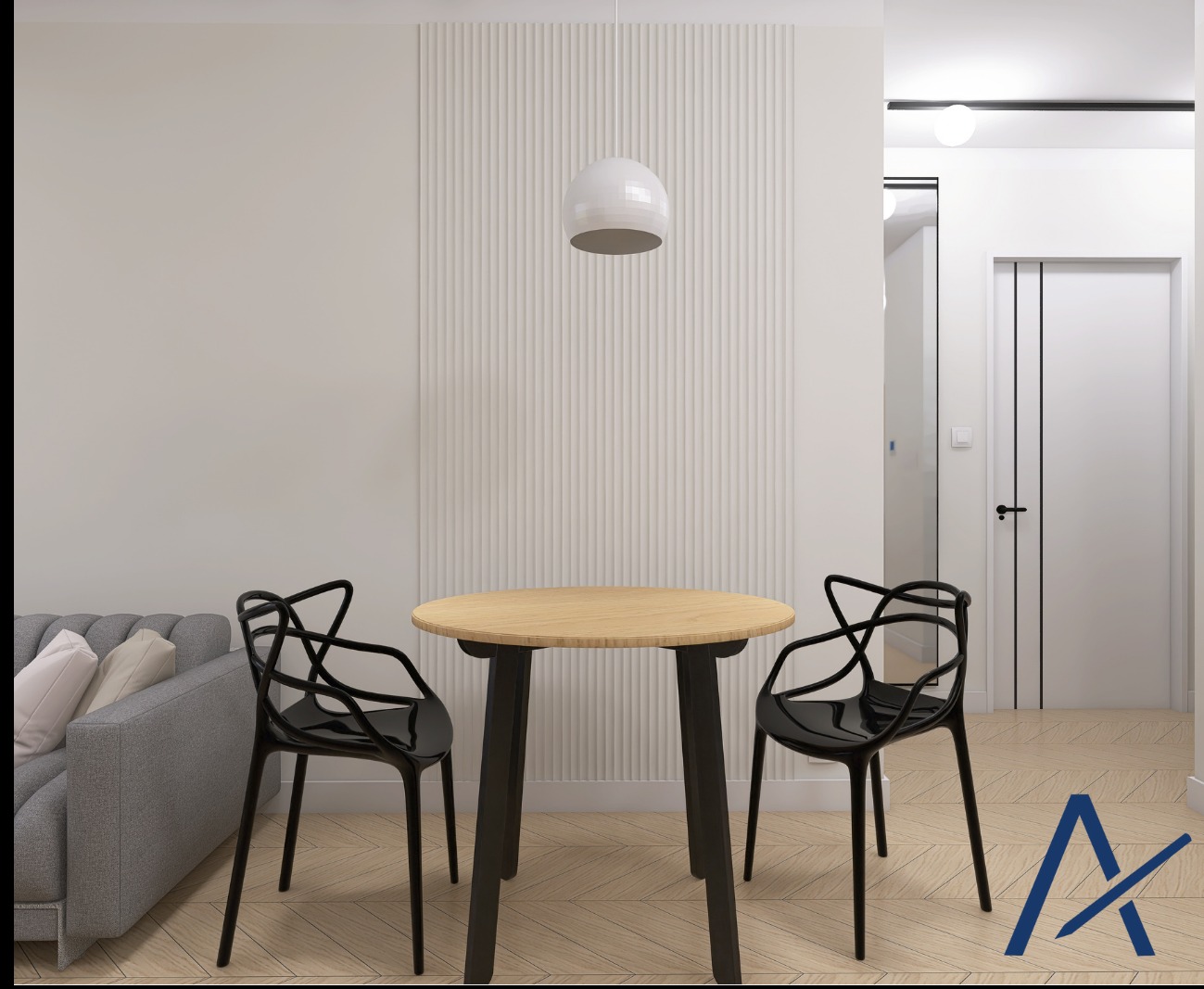 Jasne wnętrze: okrągły stół z drewnianym blatem i czarnymi nogami, krzesła z tworzywa, szara sofa oraz dekoracyjna ściana z białymi panelami. Całość w minimalistycznym stylu.