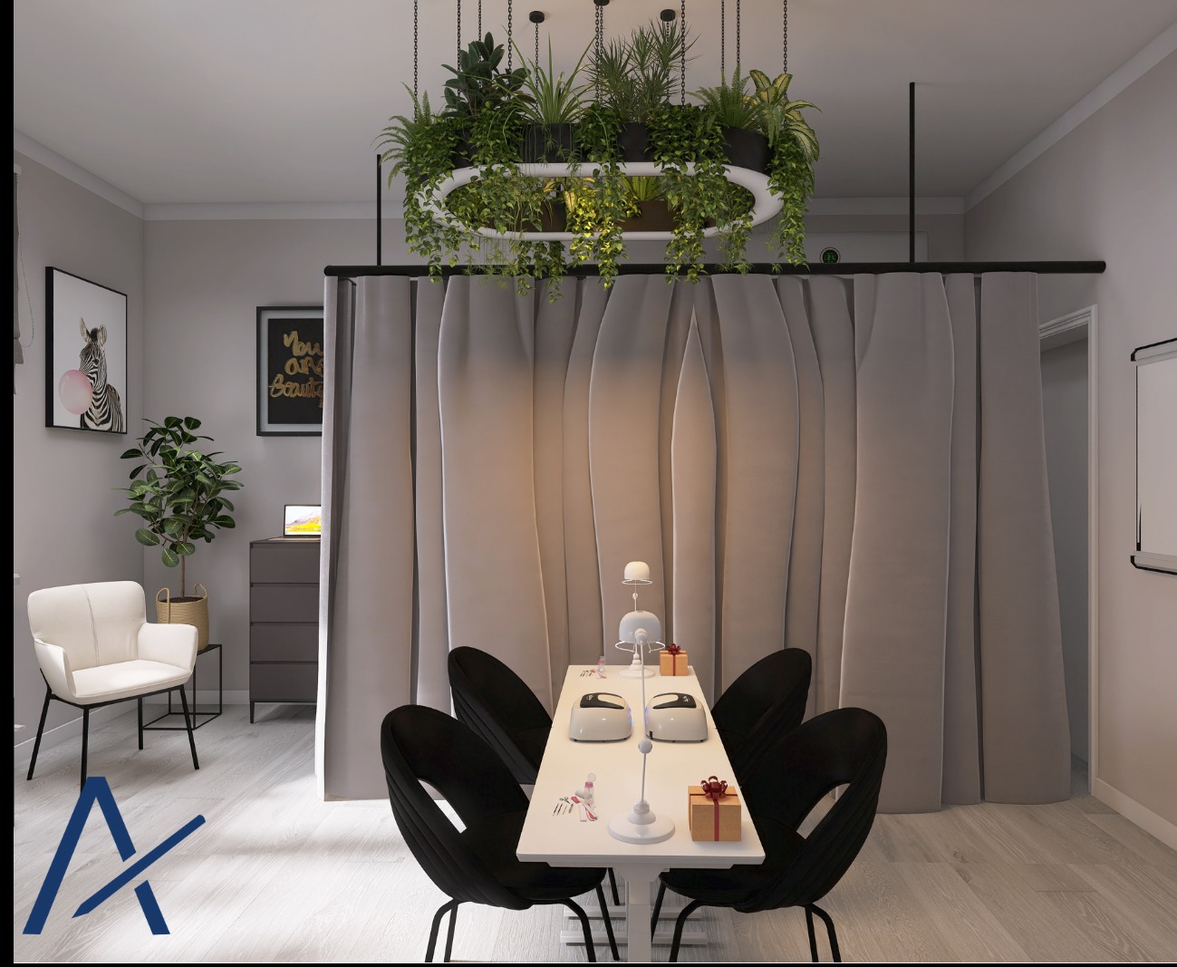 Nowoczesne studio manicure: biały stół z lampami UV, czarne krzesła, dekoracyjne zasłony i wisząca roślina. Stonowana kolorystyka, minimalistyczny wystrój.