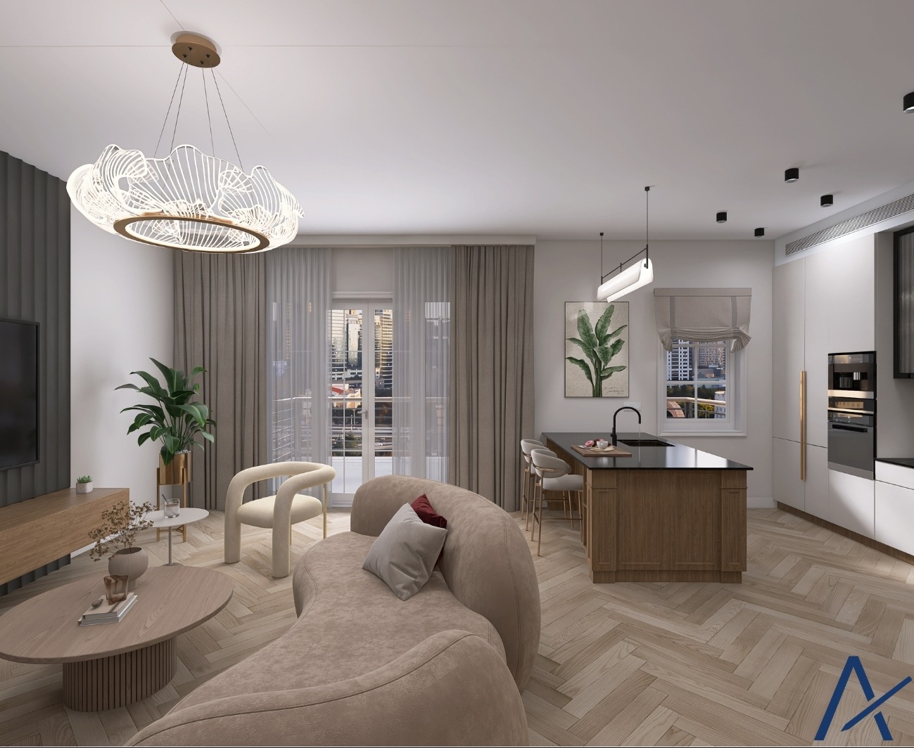 Wnętrze mieszkania w stylu nowoczesnym: beżowa sofa o organicznym kształcie, drewniany stół, designerska lampa wisząca i wyspa kuchenna z drewnianym frontem.