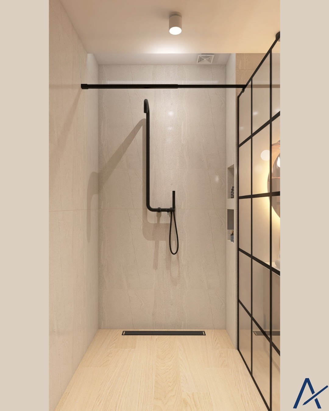 Nowoczesna kabina prysznicowa walk-in z czarnymi elementami, jasnymi płytkami i drewnopodobną podłogą. Minimalistyczny design z odpływem liniowym.