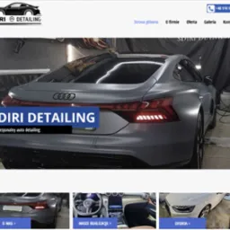 Szary Audi e-tron GT po detailingu w warsztacie Sdiri Detailing, widok z tyłu, z widocznym logo firmy na zdjęciu. Prezentacja efektu usługi auto detailingu.