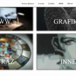 Strona internetowa z sekcjami: WWW, Grafika, Witraż, Inne. Układ 2x2. Widoczny górny pasek nawigacyjny i logo firmy w lewym górnym rogu.