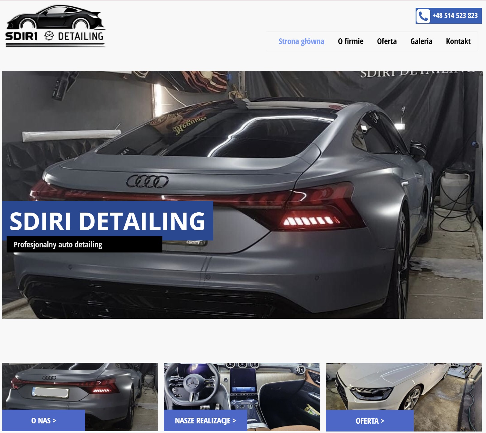 Szary Audi e-tron GT po detailingu w warsztacie Sdiri Detailing, widok z tyłu, z widocznym logo firmy na zdjęciu. Prezentacja efektu usługi auto detailingu.