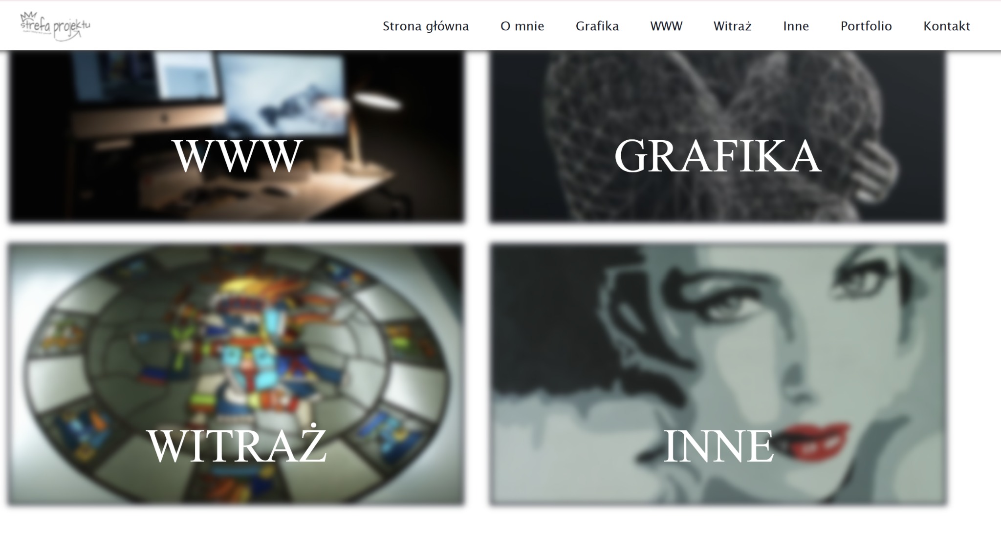 Strona internetowa z sekcjami: WWW, Grafika, Witraż, Inne. Układ 2x2. Widoczny górny pasek nawigacyjny i logo firmy w lewym górnym rogu.