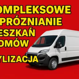 Grafika z białym vanem na czerwonym tle, promująca kompleksowe opr&oacute;żnianie mieszkań, dom&oacute;w i utylizację. Kontrastowe, ż&oacute;łte napisy.